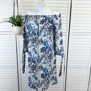 New Valentina Naldi Linen Off Shoulder Dress Sand Blue Floral Print Italy Size M